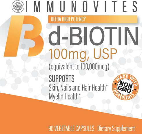 High Dose Biotin (as d-Biotin, USP) 100mg (Equivalent to 100,000mcg) 90 Capsules, High Potency...