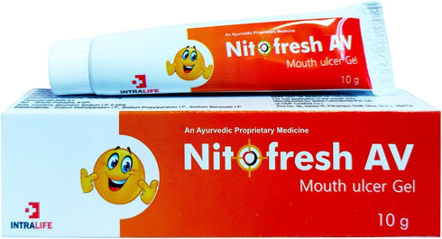 NITOFRESH-AV MOUTH ULCER GEL | Sharkara (Saccharum officinarum)*St. 150 mg + Khadir (Acacia catechu)*Ht. Wd. 134 mg + Yashtimadhu (Glycyrrhiza gla...