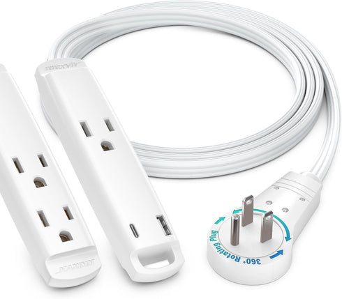 Maximm 360° Rotating Flat Plug Extension Cord 3-Outlet with USB-C and USB-A Ports 1FT, 3-Prong Flat Wire 16AWG, UL Certified (White)...