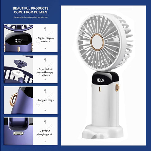 Handheld Portable Fan,Mini Personal Foldable Hand Fan,4000mAh,USB Rechargeable,5 Adjustable Speeds Desk Table Fan with Lanyard and LED Power indic...