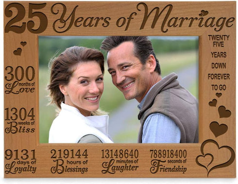KATE POSH 25 Years of Marriage Engraved Natural Wood Frame, 25th Anniversary, Husband & Wife, 25 Years Down Forever to Go, Silver Wedding Annivers...