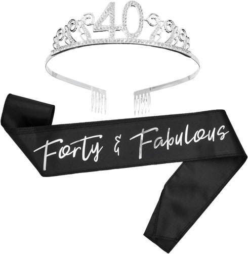 BLUE PANDA 40th Birthday Sash and Tiara for Women, Forty and Fabulous Party Decorations (Black Satin 40th Birthday Sash For Women)...