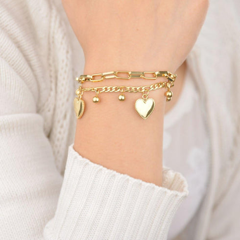 LUREME 18K Gold Stainless Steel Multi Chains Bracelet with Ball and Heart Charms for Women...
