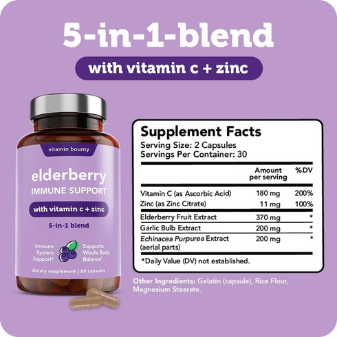 Vitamin Bounty Elderberry Organic Elderberry Capsules for Adults - Elderberry Vitamin C and Zinc Supplement, & Echinacea, Immune System Support, A...
