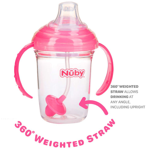 Nuby 360 Grip N' Sip 8oz Tritan Cup, Weighted Straw with Hygienic Cover, Pink...