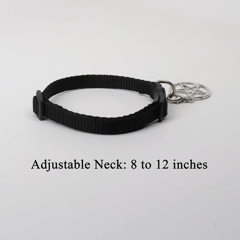Black Cat Collar with Wiccan Pagan Pentacle Silver Finish On Safety Breakaway Collar Adjustable Neck Size 8 to 12 Inches...