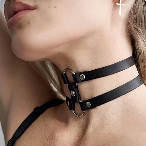 Black Leather Choker Punk Short Collar Gothic 2-tier Circle Rivet Necklace Soft PU Leather Short Neck Accessories for Women...