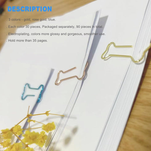 Paper Clips, 90 Pcs Cute Dog Bone Shaped Paper Clips, Fun Metal Office Supplies, School Gift, DIY Personalized Decoration, 3 Independent Bagged (G...