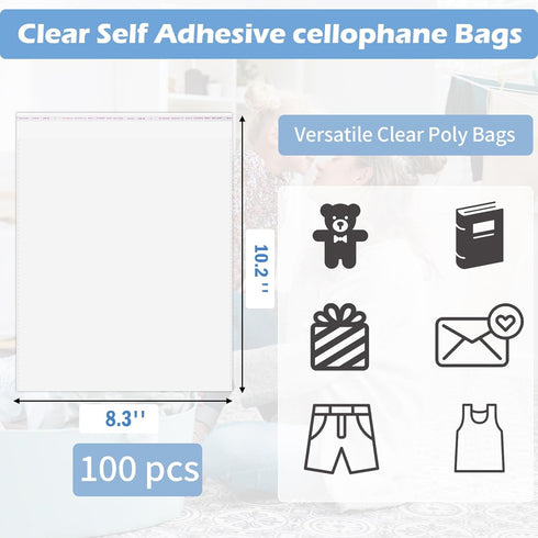 COIDEA 100 Pcs T Shirt Bags, Cellophane Bags 8.3x10.2 Inches for Clothes, Cellophane Resealable Clear Poly Bags, Plastic Bags for Clothes, Decorat...