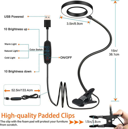 Clip on Light LED Reading Book Study Lamp 3 Color Modes 10 Brightness Eye Protection 360° Flexible Gooseneck Student Dormitory Office Desk Lamp at...