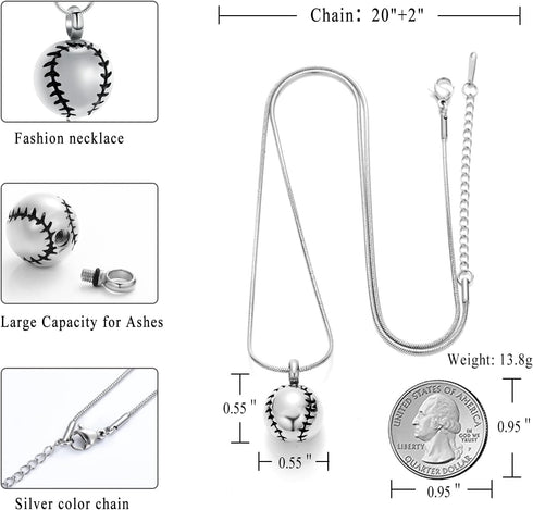 Stainless Steel 20mm Baseball Memorial Urn Jewelry Pendant Hold Cremation keepsake necklace for ashes...
