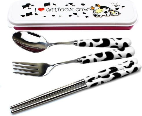 OLizee® Cute Creative Cow Pattern Design Flatware Set of 3 Ceramics Handle Stainless Steel Spoon Fork Chopsticks for Traveling Portable Lovely Ani...