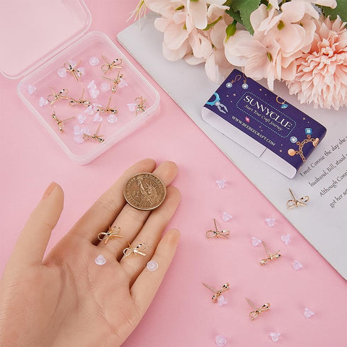 SUNNYCLUE 1 Box 20 Sets Real 18K Gold Plated Earring Posts Stud Earring Findings Earring Studs Earring Stud with Hole Bowknot Post Earrings for Je...
