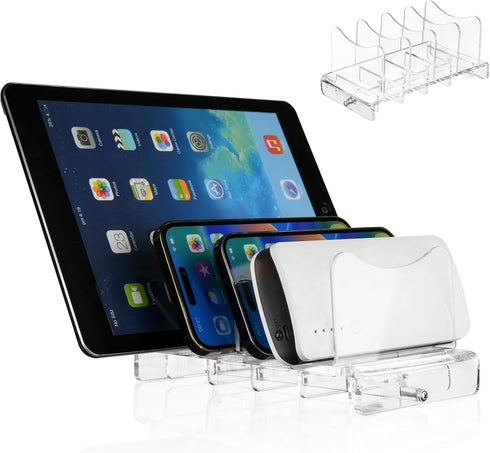 Acrylic Multi Device Organizer Stand Base for Portable Charger Power Banks, 4 Slots Desktop Storage Holder Compatible with USB Battery Pack, Phone...