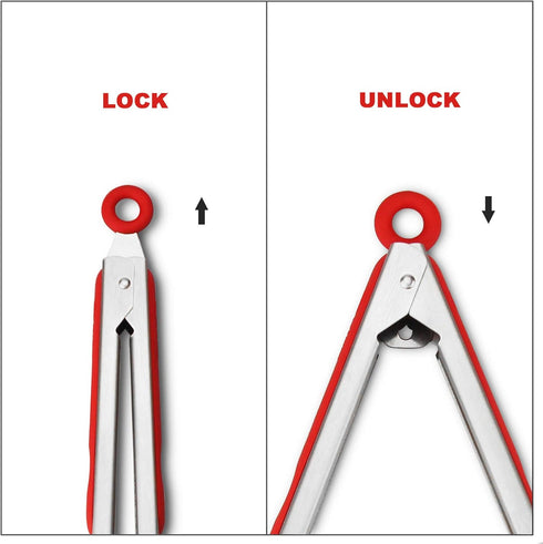 304 Stainless Steel Kitchen Cooking Tongs, 9" and 12" Set of 2 Sturdy Grilling Barbeque Brushed Locking Food Tongs with Ergonomic Grip, Red...