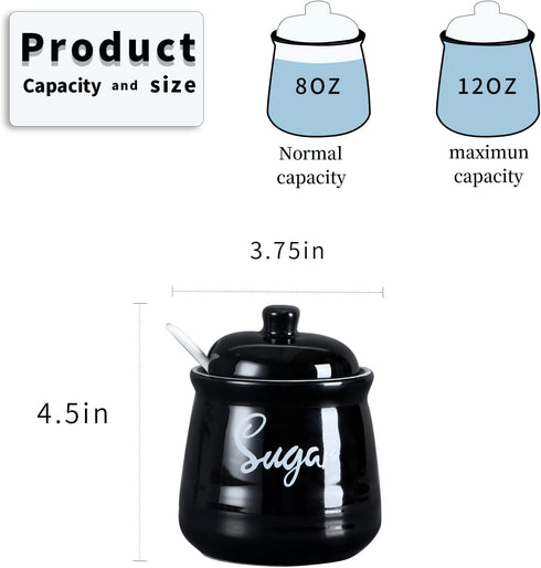 HAOTOP Farmhouse Porcelain Sugar Bowl with Lid and Spoon 12oz,Easy to Clean (Black)...