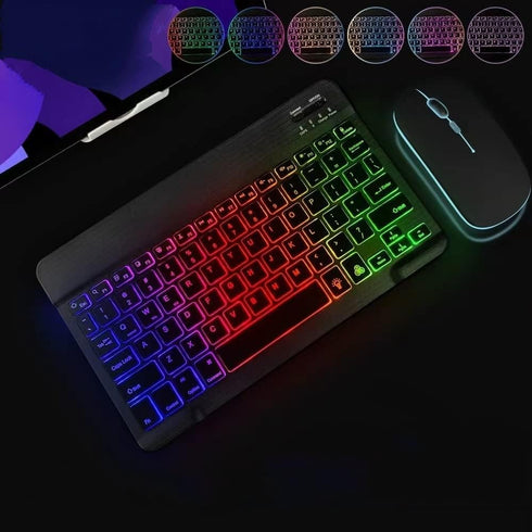 Ultra-Slim Bluetooth Keyboard and Mouse Portable Mini Wireless Keyboard Rechargeable 7-Color Backlit for Apple iPad iPhone Samsung Tablet iPhone S...