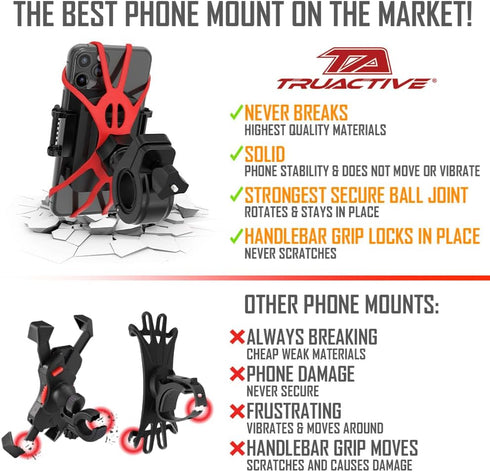 TruActive Premium Bike Phone Mount Holder | Universal Cell Phone Mount for 4"-7" Phones | Includes 6 Reusable Color Bands | Tool Free Handlebar Mo...