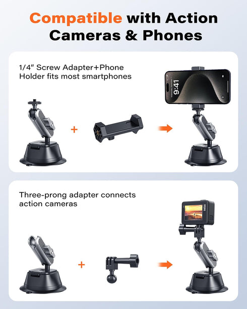 Suction Cup Mount for Gopro iPhone, Anti-Shake Metal Arm Car Camera Mount with 1/4 Thread & Phone Holder, Car Boat Windshield Window VLOG/Video Ho...