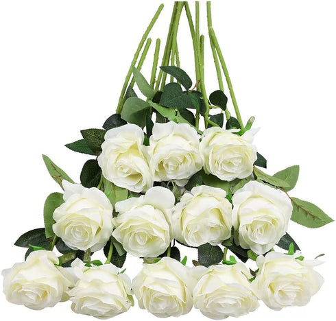Tifuly White Roses Artificial Flowers -12 pcs Realistic Single Long Stem Fake Silk Roses Bouquet for Party Home Wedding Centerpiece Office DIY Dec...