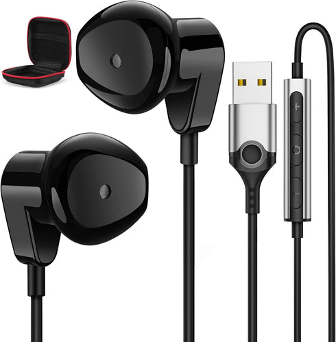 USB Headphones with Microphone for Laptop, 2.3M USB-A Earbuds for PS5,HiFi Stereo Wired Earphones Half in-Ear Headset with Volume Control Mute Aud...