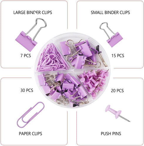 Purple Binder Clips and Paper Clips Push Pins Tacks Sets, Total 72 PCS Assorted Sizes Office Supplies Set for Women, Student, School, Home & Desk ...