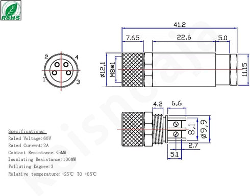 2 Pcs M8 Plug Waterproof 4 Pin Connector, Field Wireable Connector M8 Female Plug 4 Pin Shielded Straight Screw-Joint for Cable IP67 Industrial Se...