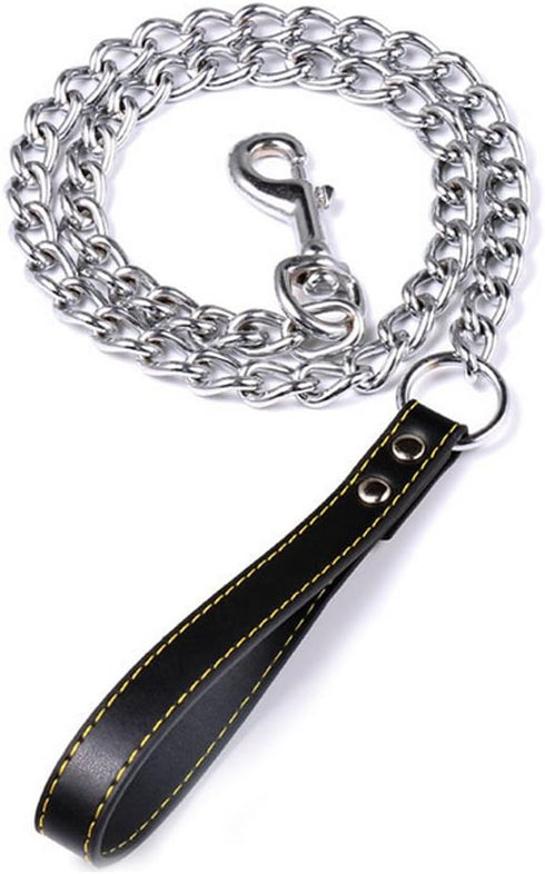 Chain Dog Leash with Leather Handle 4 Feet Black...