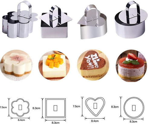 Stainless Steel 3D Cake Molds with Pusher Lifter Cooking Rings Set of 4,Baking Dish Bakeware Tools Cupcake Mold Mousse Ring Cheese Tools Salad Cak...
