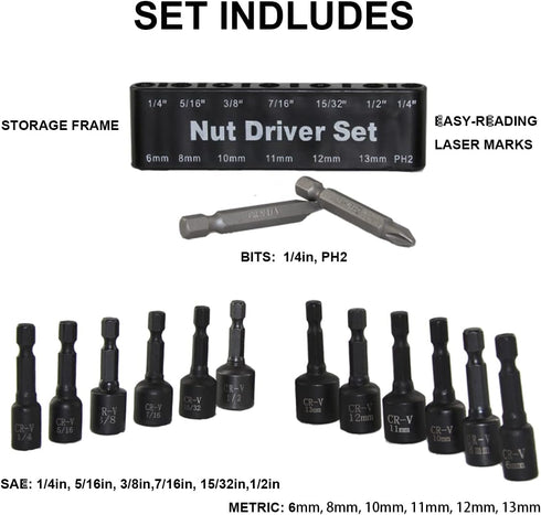 14PC Power Magnetic Nut Driver Drill Bit Set Socket Bit Adapter metric&SAE Socket for Wrench Screw 1/4" Driver Hex...