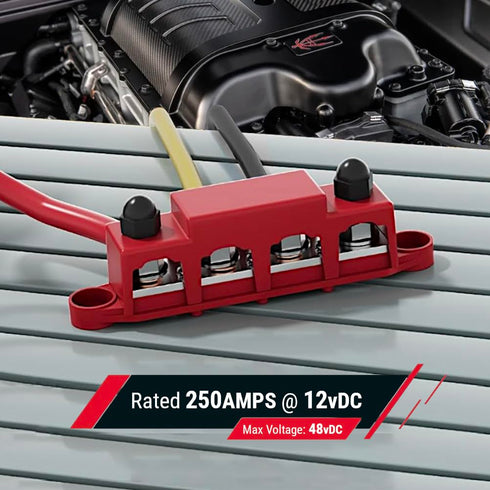 MGI SpeedWare 4-Post Power Distribution Block Busbar 5/16" Studs with Cover, 250 AMP Rating for Automotive, Marine, and Solar Wiring (Red)...