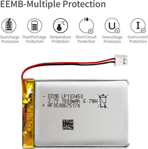 EEMB Lithium Polymer Battery 3.7V 1800mAh 103450 Lipo Rechargeable Battery Pack with 2 Wires JST 2.0mm Connector for Speaker and Wireless Device- ...