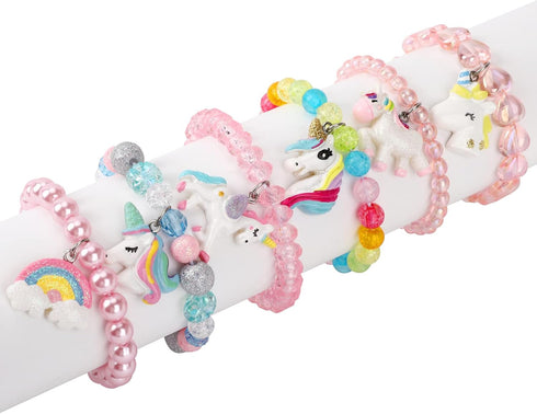 Set of 6 Unicorn Rainbow Bracelets, Little Girl Animal Bracelets, Teens Kids Unicorn Pendant Beaded Bracelet Girl Party Favor Pretend Play Bracele...
