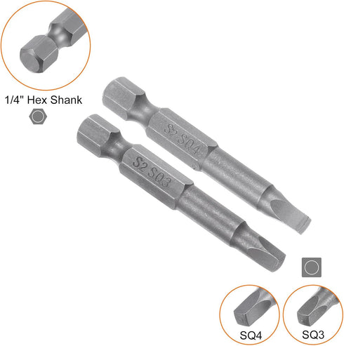 2pcs SQ3 SQ4 Square Screwdriver Bit 1/4" Hex Shank 2" Length Magnetic Security Screw Driver Power Tool...