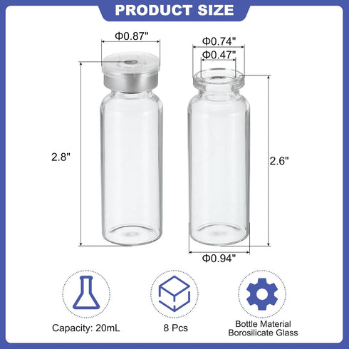 PATIKIL 20ml Sample Vials, 8 Pack Lab Empty Vials with Butyl Rubber Stopper and Crimp Top Caps Borosilicate Glass Vial, Transparent...