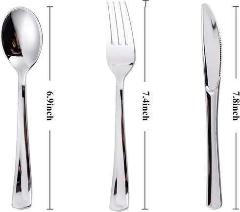 N9R 200pcs Plastic Silverware Set, Silver Plastic Cutlery Including 100pcs Forks, 50pcs Spoons, 50pcs Knives, Disposable Silverware for Party/Ever...