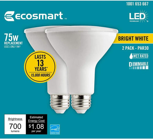EcoSmart 75-Watt Equivalent PAR30 Dimmable Energy Star Flood LED Light Bulb Bright White (2-Pack)...