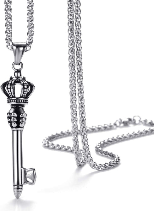 MOO&LEE Mens Stainless Steel Crown Key Pendant Necklace with 24 Inches Link Chain...