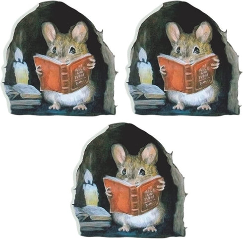 3Pcs 3D Realistic Mouse Wall Stickers, Mouse Reading Book Wall Decals Wall Decor, Removable Wall Art Murals for Living Room Nursery Bedroom Kids R...