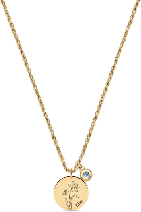 Fettero Birth Flower Necklace Gold Coin Stamp Dafodil Pendant Birthstone Aquamarine Month March 18K Gold Vacuum Plated Dainty 2MM Twist Rope Chain...