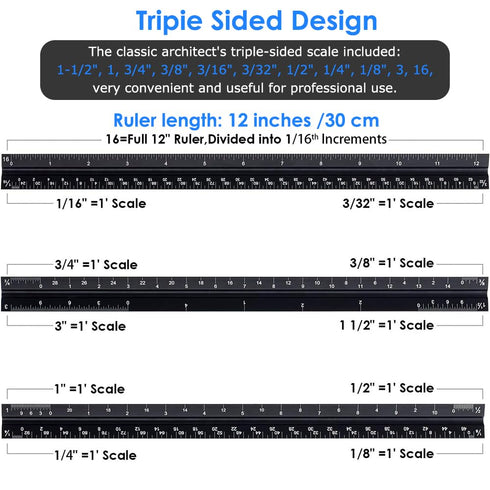 Architectural Scale Ruler,12" Aluminum Architect Triangular Ruler Engineers Ruler,Construction rulers for Architects, Blueprint,Students, Draftsme...