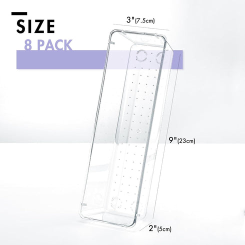 HOUSE DAY Desk Drawer Organizer Bins 8 PCS, 9*3*2" Clear Drawer Organizers with Silicone Pads, Vanity Organizers and Storage, Non Slip Plastic Dra...
