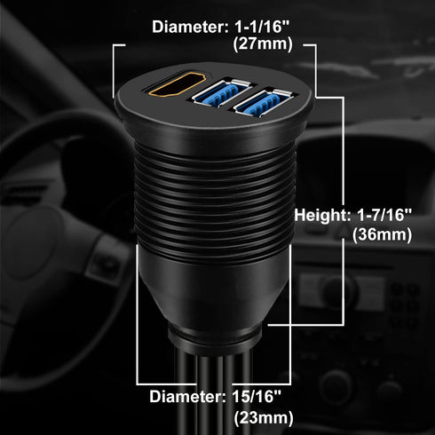 BATIGE Dual USB 3.0 & HDMI Male to Female Car USB Flush Mount Extension Cable USB 3.0 Dash Mount for Car Truck Boat Motorcycle - 3ft......