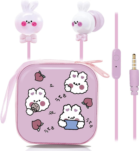 Cute Rabbit Kids Earbuds for School, Earbuds for Kid Size Wired Earphones & in-Ear Headphones with Microphone and Lovely Earbuds Storage Case Gift...