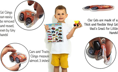 Cars Trucks & Construction Gel Window Clings for Kids - Window Stickers for Toddlers, Monster Truck Gel Clings, Window Decals Kids Jelly Reusable ...