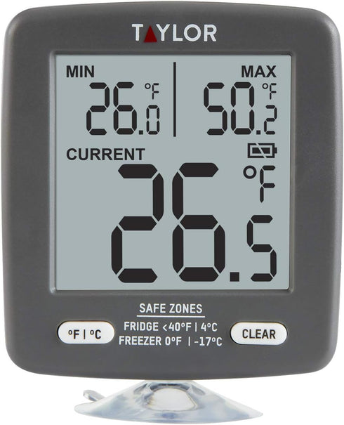 Taylor LCD Display Digital Kitchen Refrigerator/Freezer Kitchen Thermometer Min/Max on Display, 2 inch display, Gray, 1 Count (Pack of 1)...
