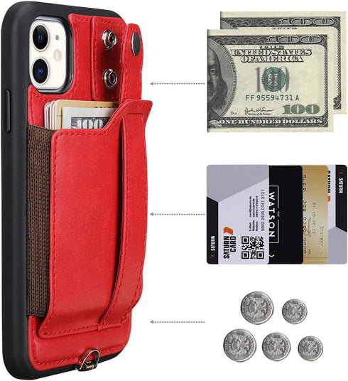 TOOVREN for iPhone 11 Wallet Lanyard Case Protective Cover with PU Leather Card Holder Adjustable Detachable Phone Lanyard Stand Strap for iPhone ...