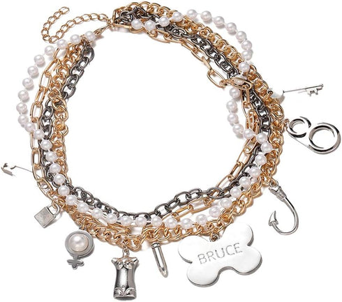 Cosplay Costume Accessories Gold Layered Chain Choker Multi Charm Pendant Pearl Chain Bruce Necklace for Women...