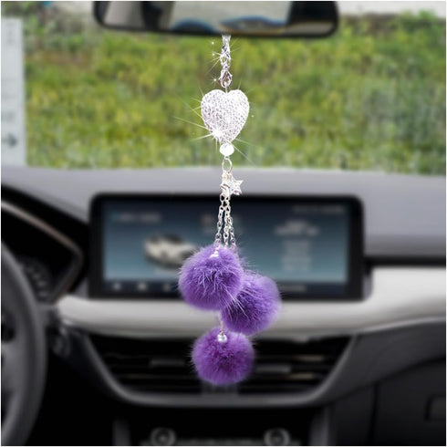 Bling Heart Diamond Car Hanging Accessories, Bling Love Heart and Cute Plush Balls, Crystal Car Rear View Mirror Charms for Women, Lucky Hanging P...