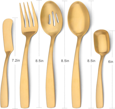 Serving Utensils Set, Matte Gold 5-Piece Hostess Set, Stainless Steel Silverware Flatware Cutlery Serving Set, Satin Finish, Dishwasher Safe...